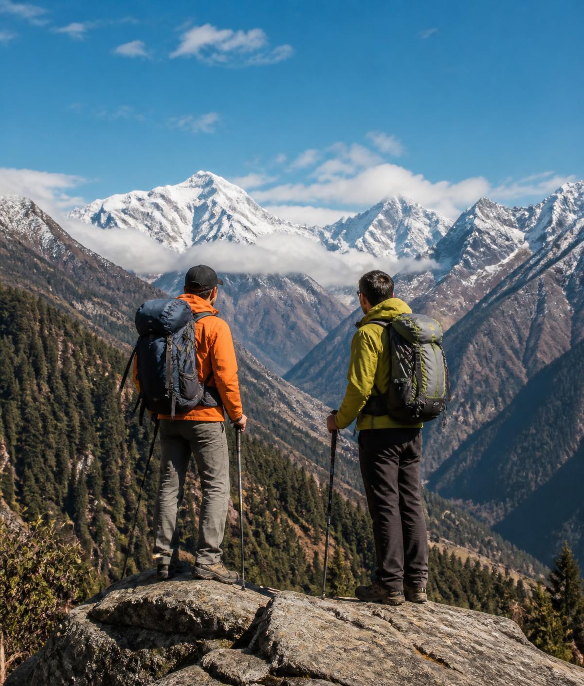 Two trekkers looking out over snow peaks and pine forest in the Himalaya
