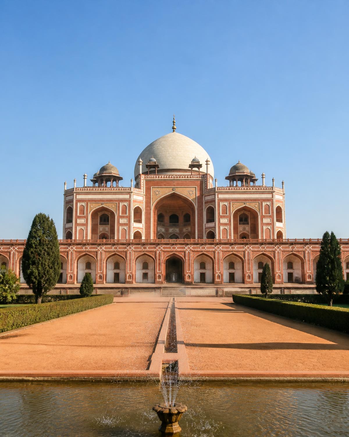 Humayun's Tomb framed by manicured Mughal gardens in Delhi