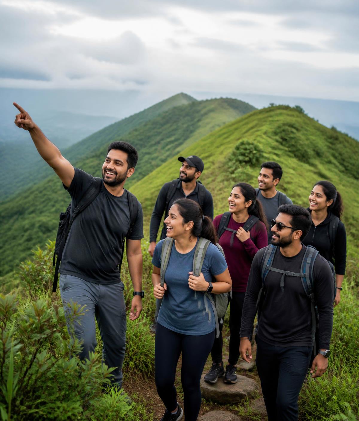 A group of friends hiking together along a green ridge trail in Coorg
