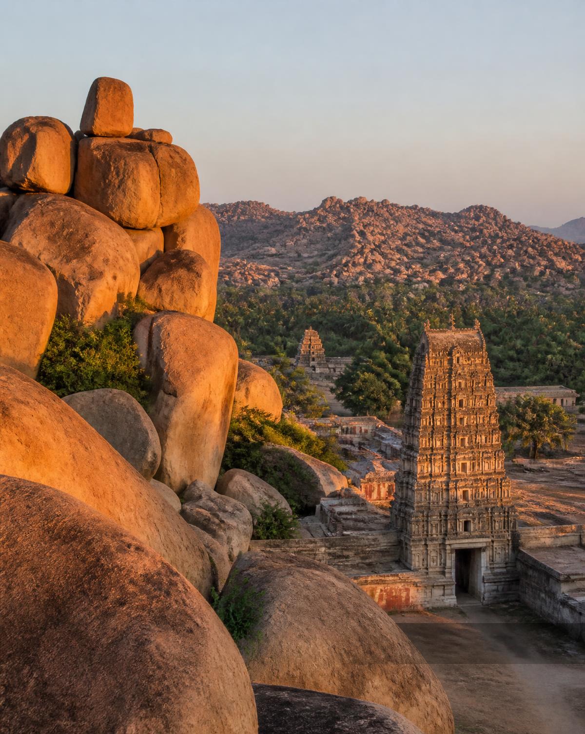 Ancient stone temple and boulders of Hampi, Karnataka at golden hour