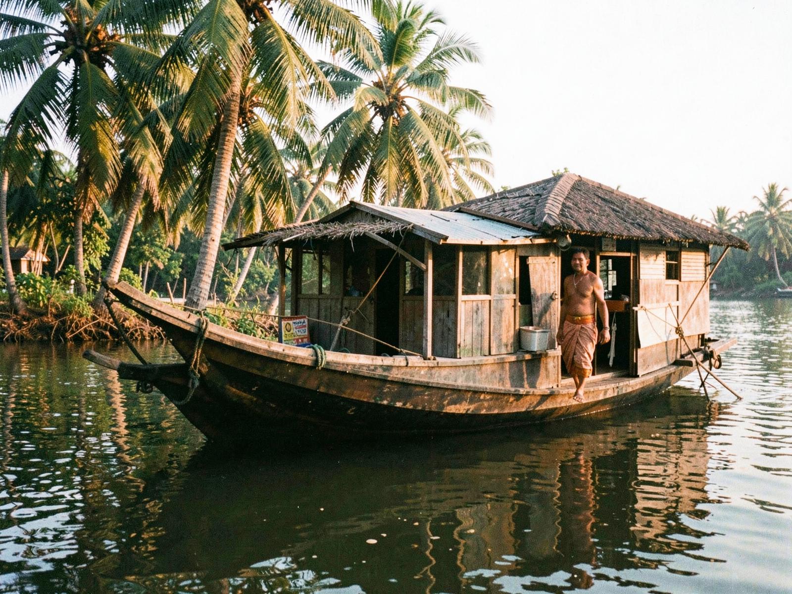 Traditional houseboat drifting through misty Kerala backwaters at sunrise