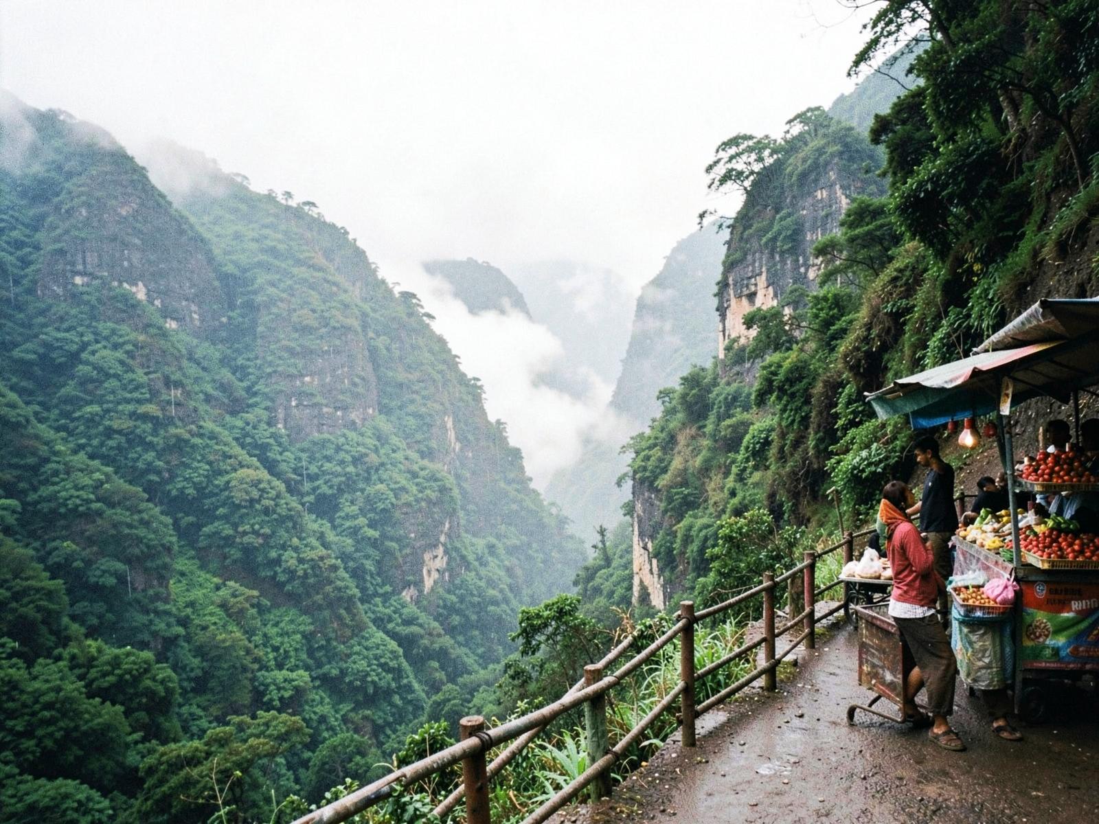 Green Sahyadri hill slopes and a winding ghat road under a soft sky