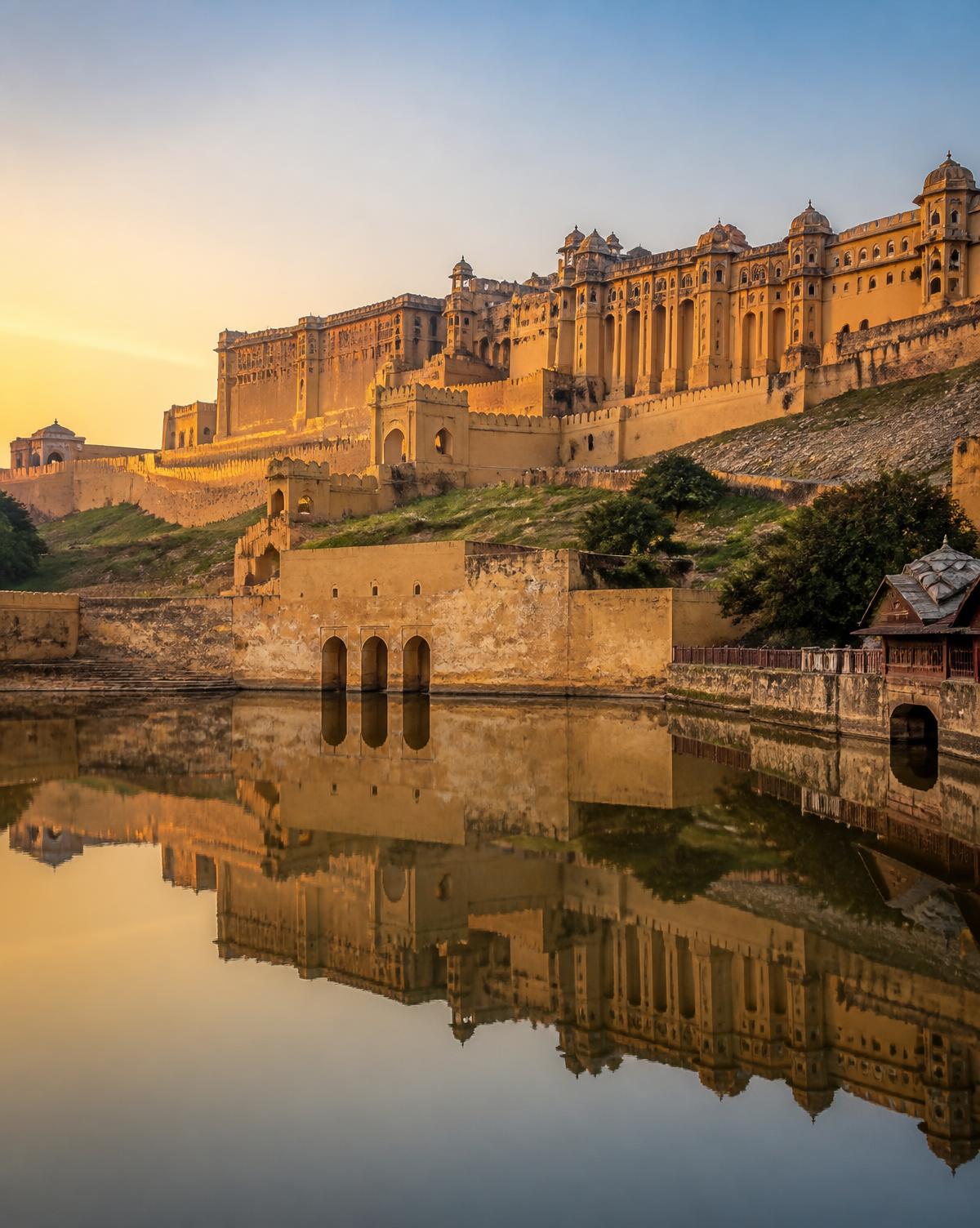 Amer Fort palace reflected in a calm lake at sunrise, Rajasthan