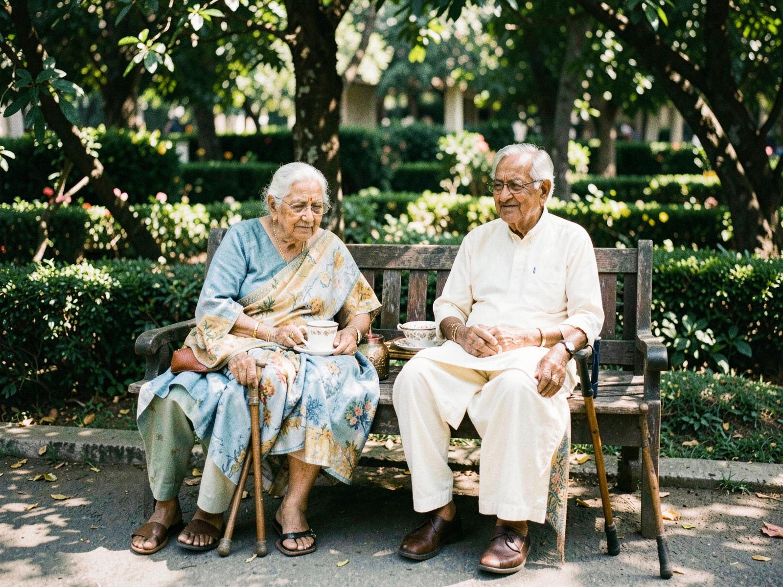 An elderly couple walking together at a heritage monument in morning light