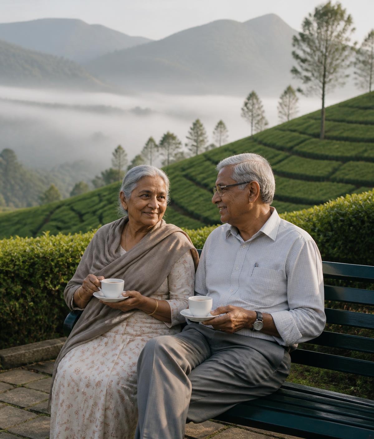 An elderly couple sitting with cups of tea on a garden bench overlooking the tea hills of Munnar