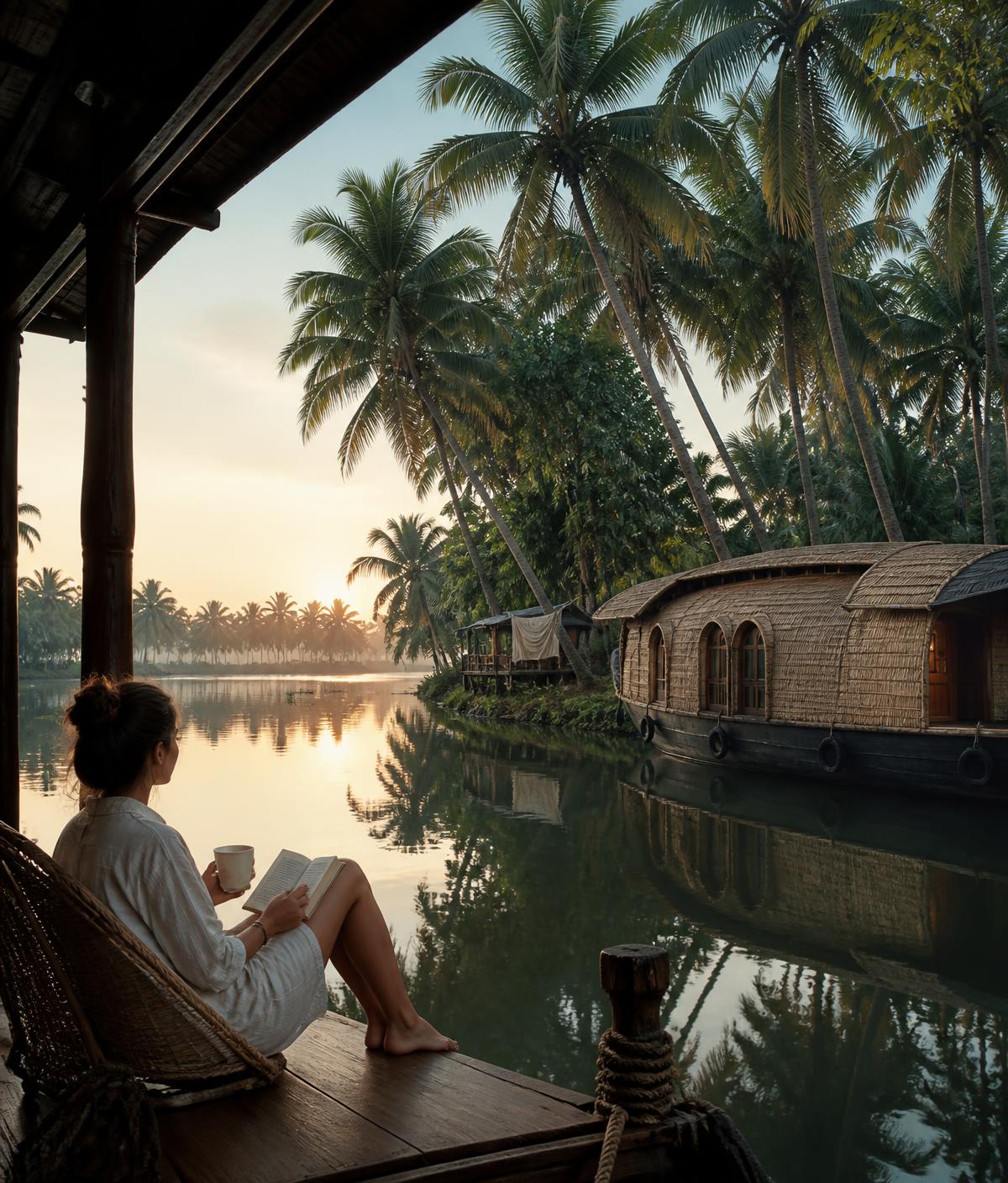 A traveller reading with tea beside a still Kerala backwater at dawn, houseboat moored nearby