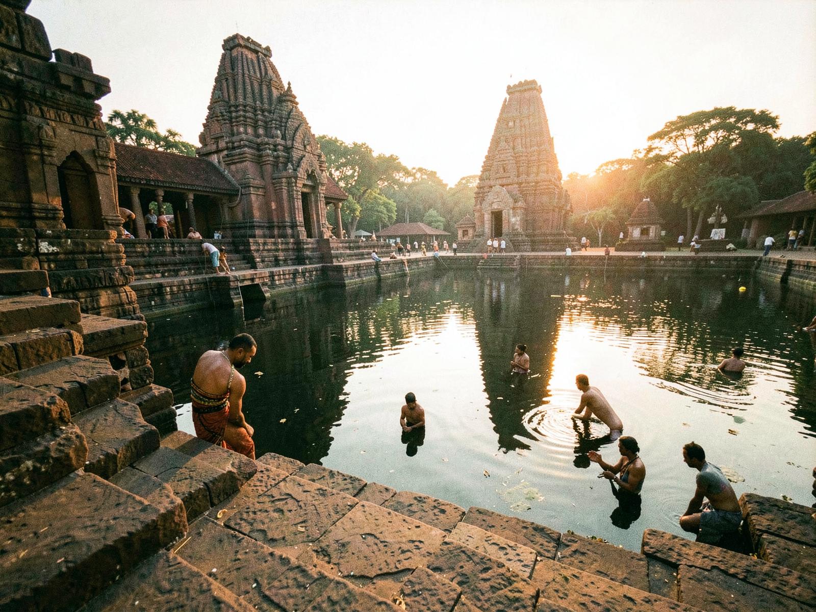 A South Indian temple gopuram catching first light with devotees arriving